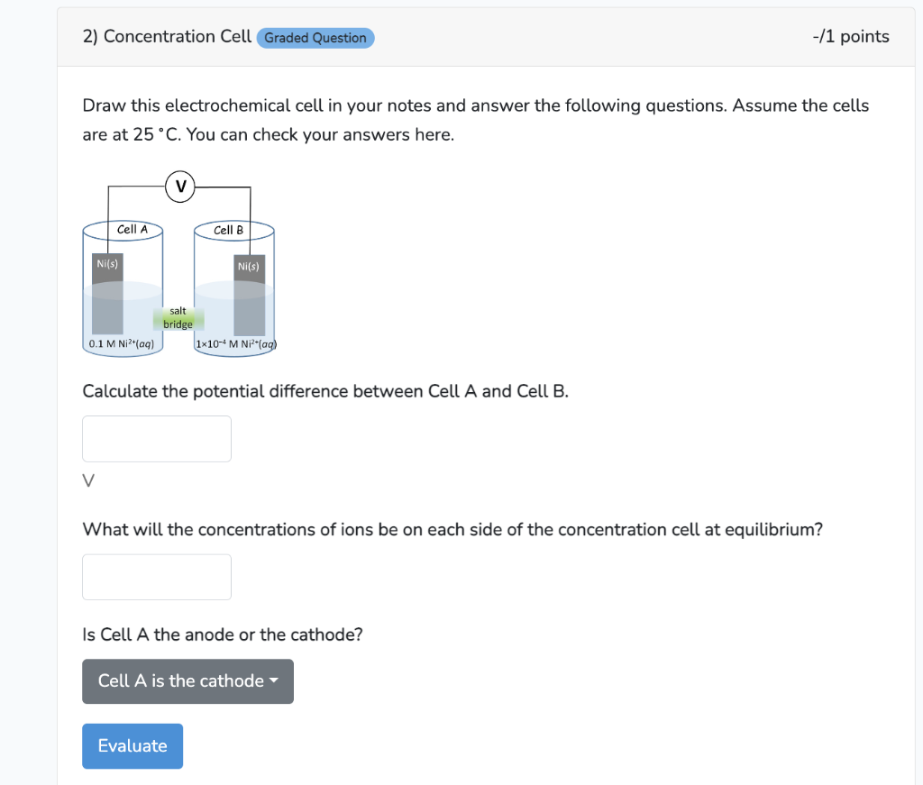 Solved 2) Concentration Cell −/1 points Draw this | Chegg.com