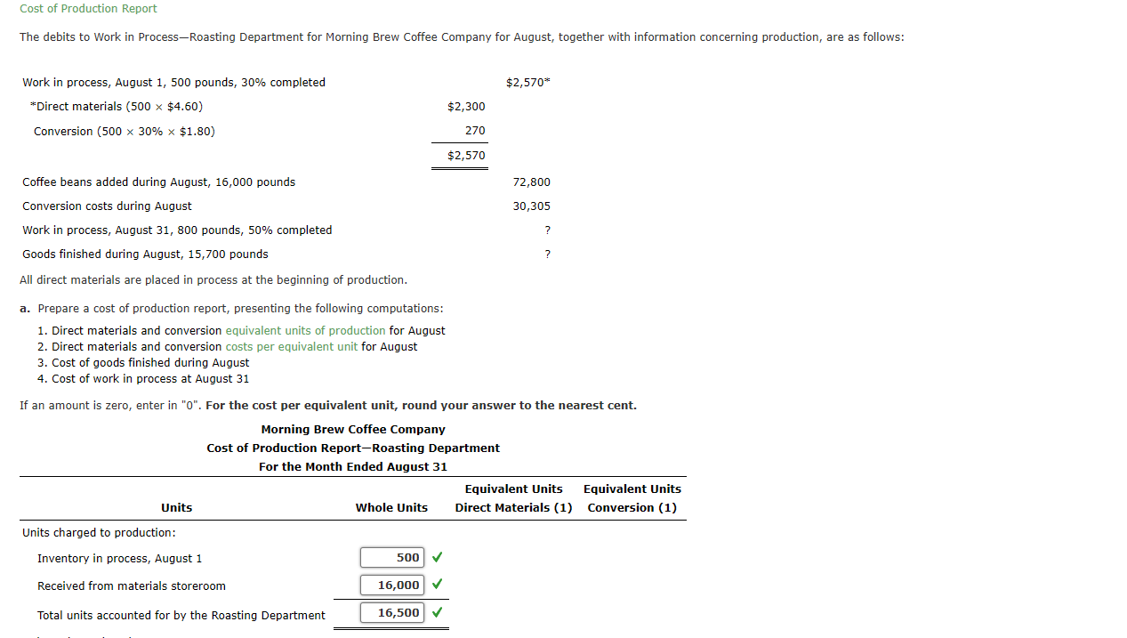 Cost of Production Report
The debits to Work in Process-Roasting Department for Morning Brew Coffee Company for August, toget