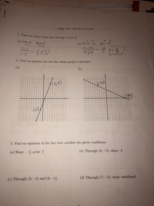 Solved Math 130 Section 1 3 Lines 1 Find The Slope Of Th Chegg Com