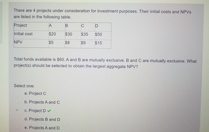 Solved There are 4 projects under consideration for | Chegg.com