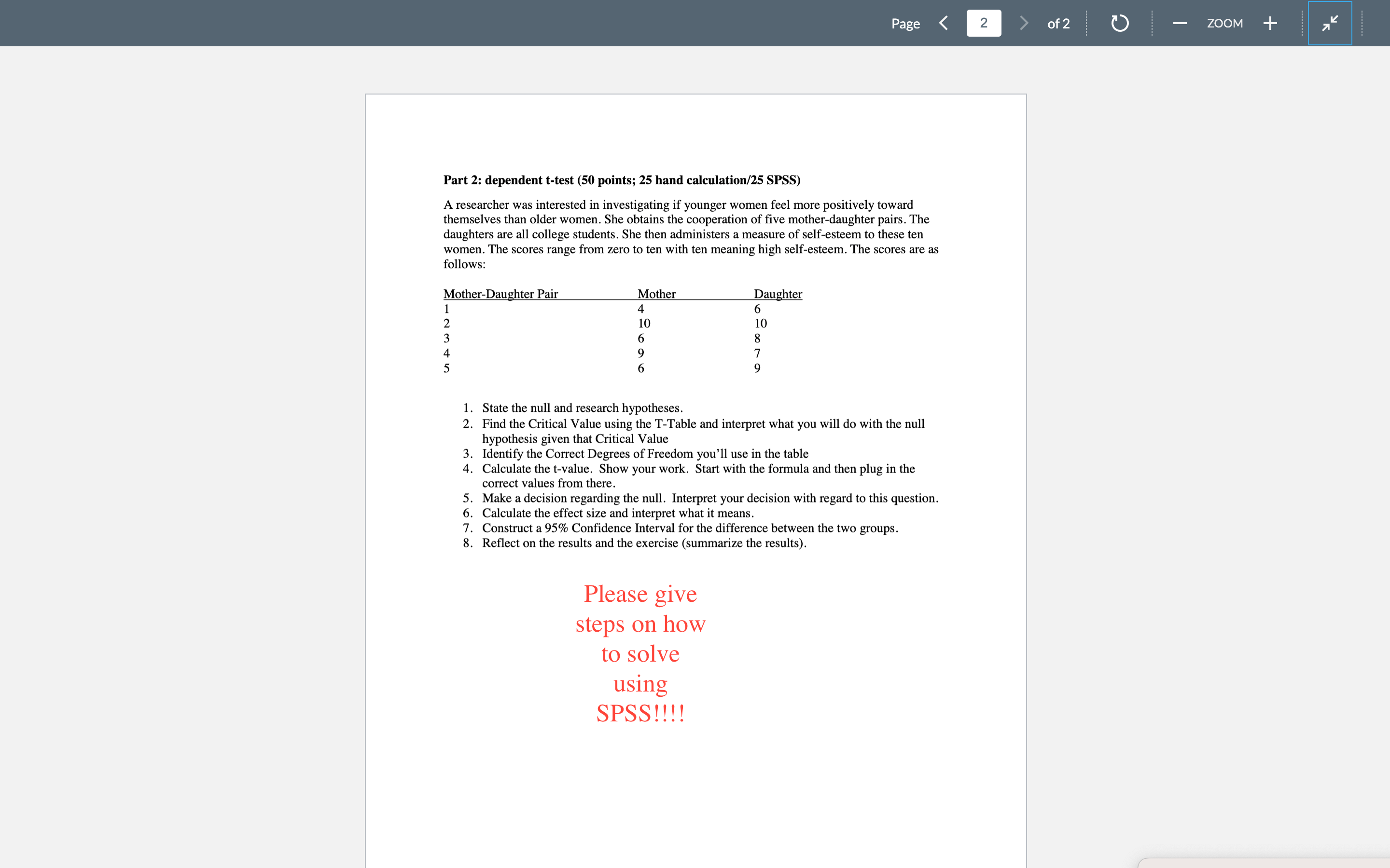 Solved Part 2: dependent t-test (50 points; 25 hand | Chegg.com