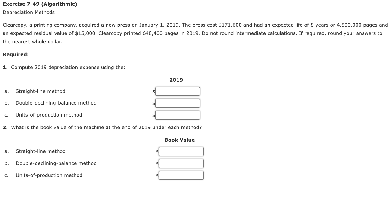 Solved Exercise 7-49 (Algorithmic) Depreciation Methods | Chegg.com