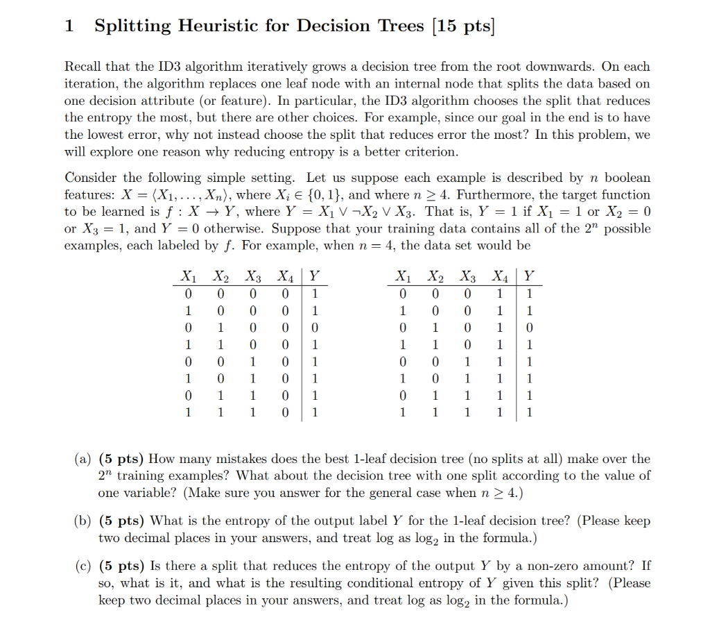 1 Splitting Heuristic for Decision Trees (15 pts] | Chegg.com