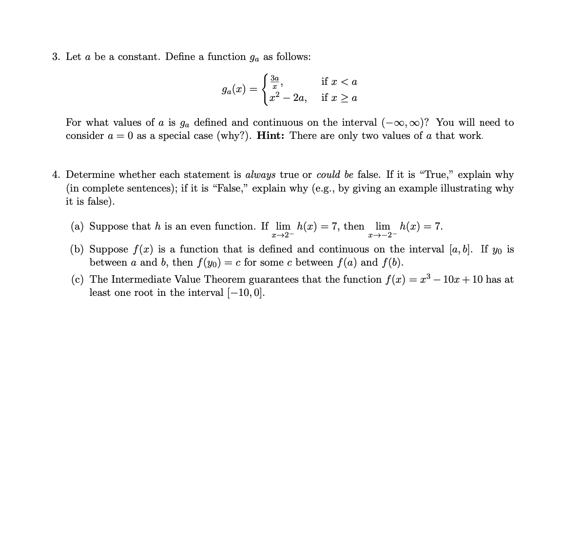 Solved 3. Let a be a constant. Define a function ga as | Chegg.com