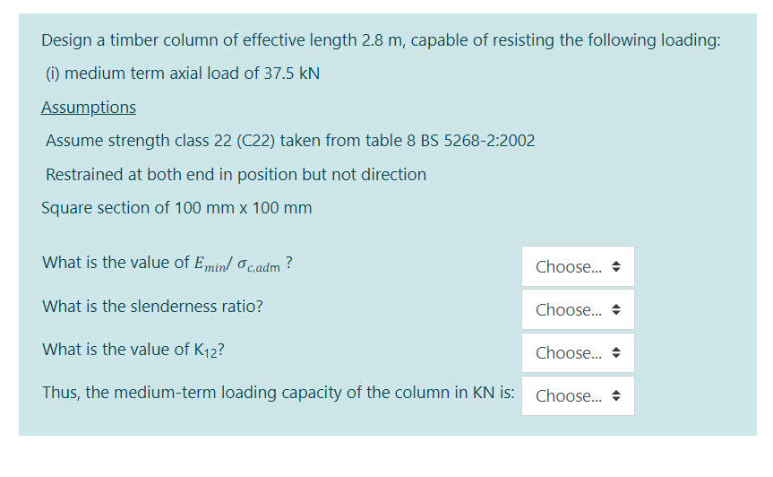 Solved Design a timber column of effective length 2.8 m, | Chegg.com