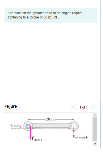 The bolts on the cylinder head of an engine require tightening to a torque of \( 80 \mathrm{~m} \cdot \mathrm{N} \).