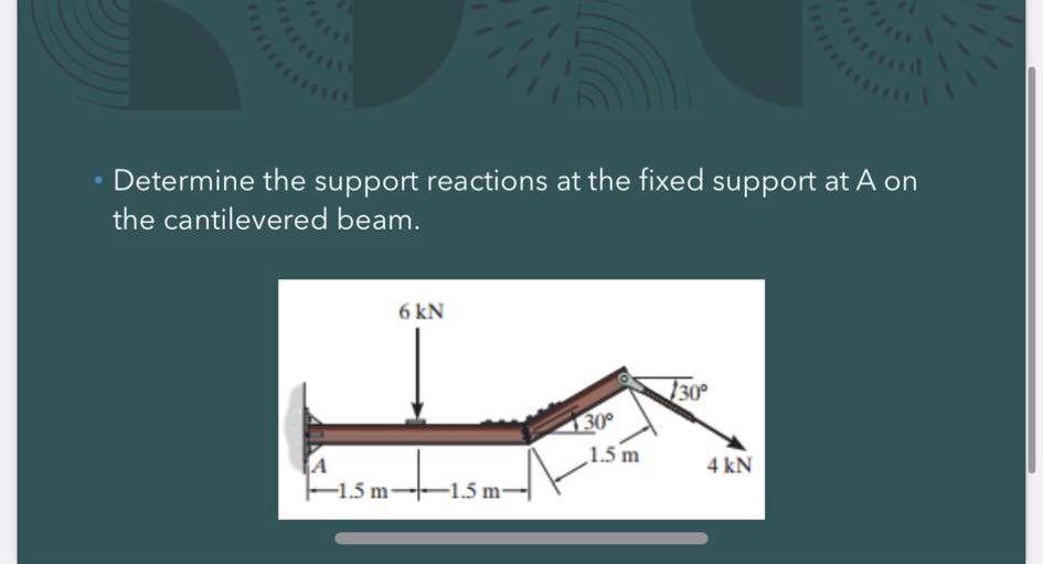 - Determine the support reactions at the fixed support at A on the cantilevered beam.