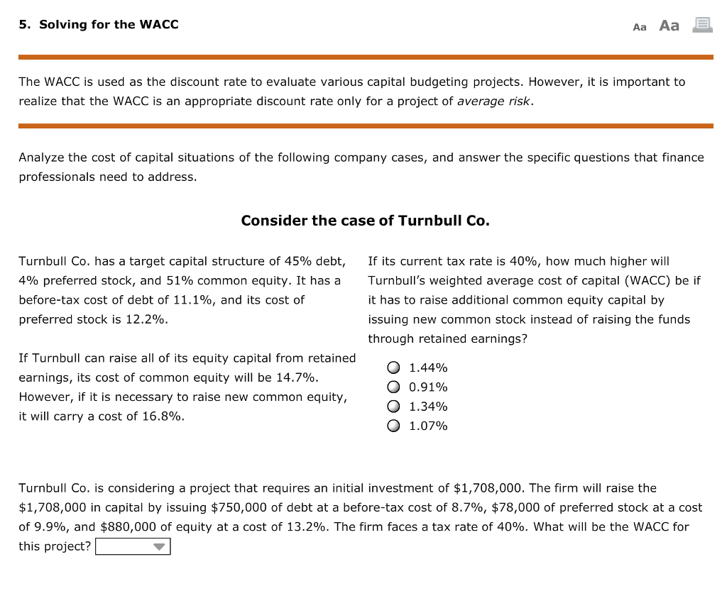 Solved 5. Solving for the WACC Aa Aa The WACC is used as the | Chegg.com