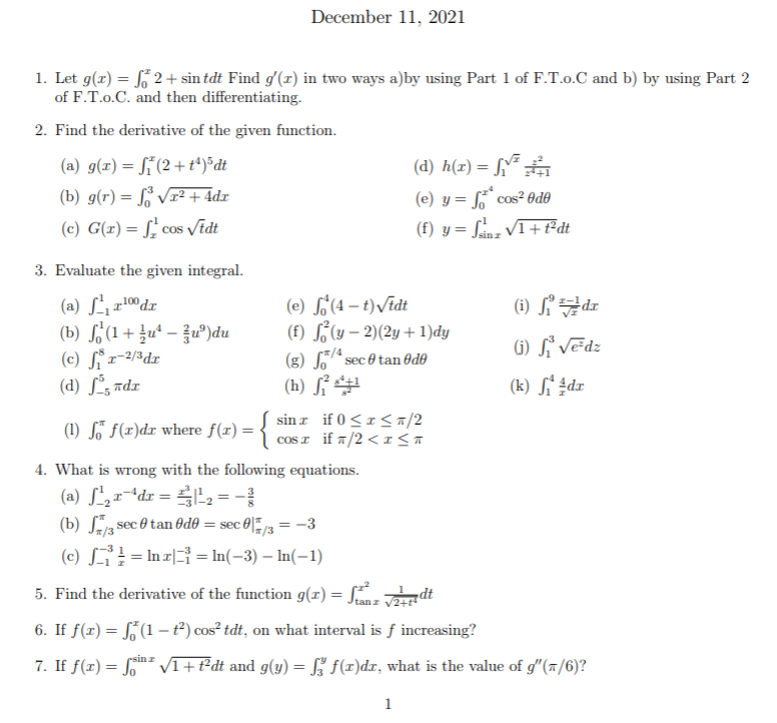 Solved December 11, 2021 = 1. Let g(1) = 2+ sin tdt Find '' | Chegg.com