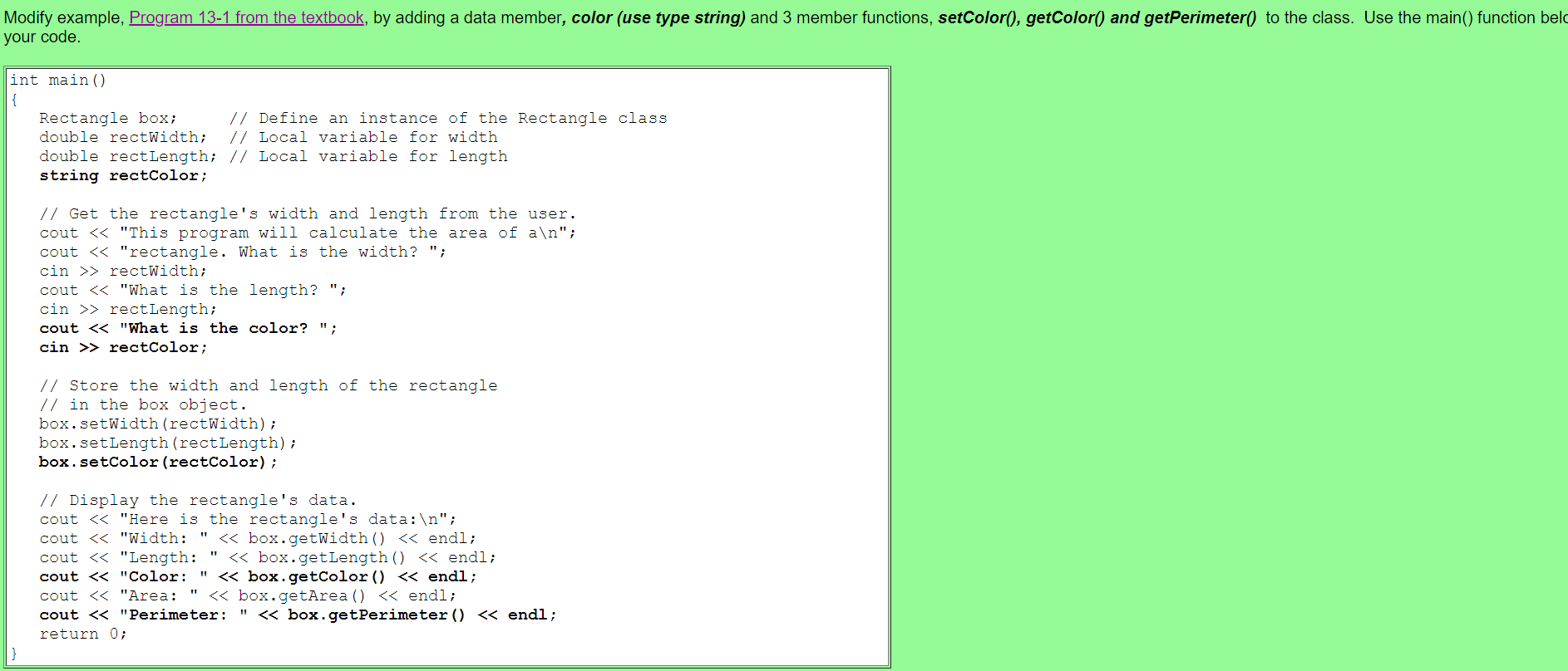 Solved C++ program. int main() { Rectangle box; // | Chegg.com