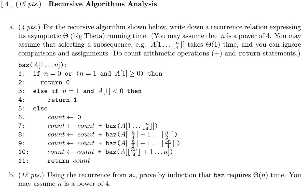 [ 4 ] (16 pts.) Recursive Algorithms Analysis 1: 3: | Chegg.com