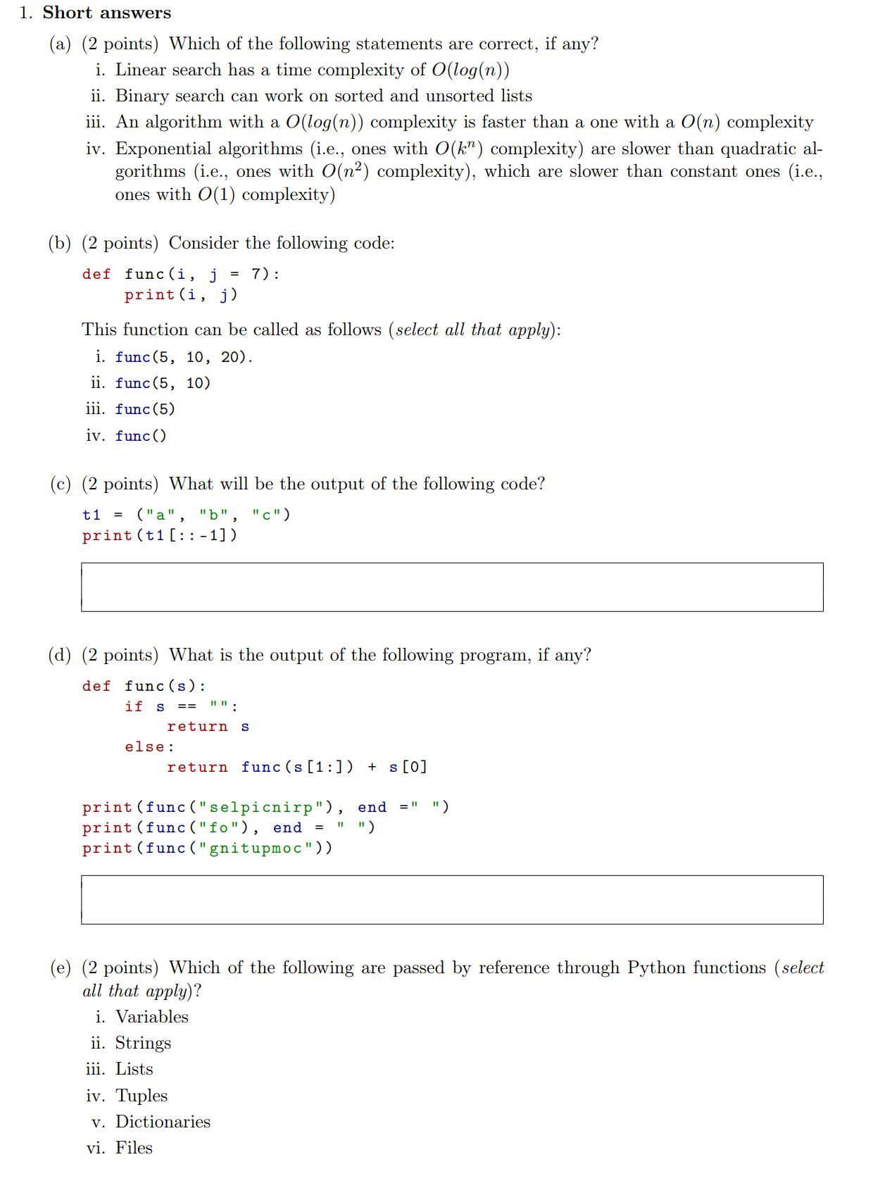 Solved 1. Short answers (a) (2 points) Which of the | Chegg.com