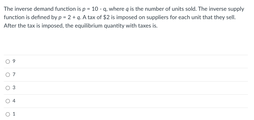 Solved The inverse demand function is p=10−q, where q is the