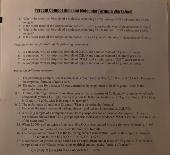 Solved Percent Composition and Molecular Formula Worksheet