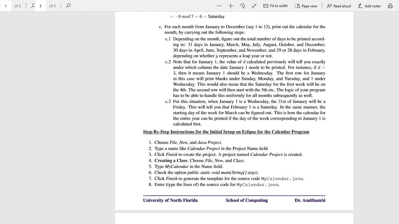 A - Fit to width D Page view 1. Add notes of 5 of 5 Read aloud -8 mod 7 = 6 = Saturday c. For each month from January to Dece