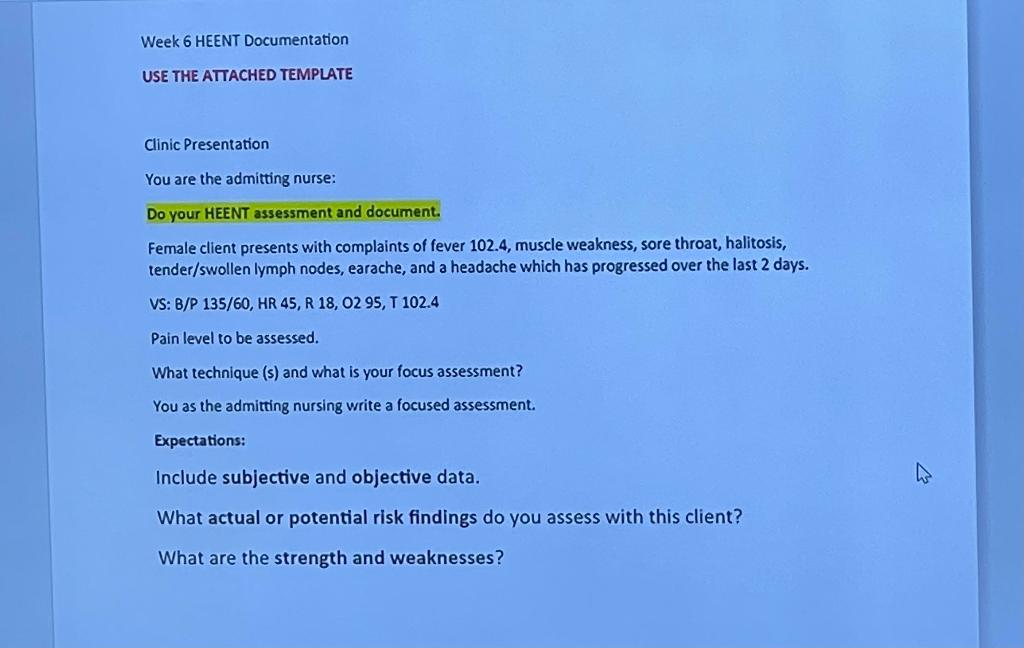 Solved Week 6 HEENT Documentation USE THE ATTACHED TEMPLATE Chegg com