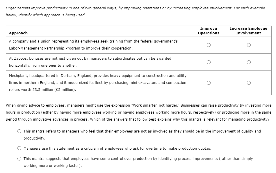 Solved Organizations improve productivity in one of two | Chegg.com