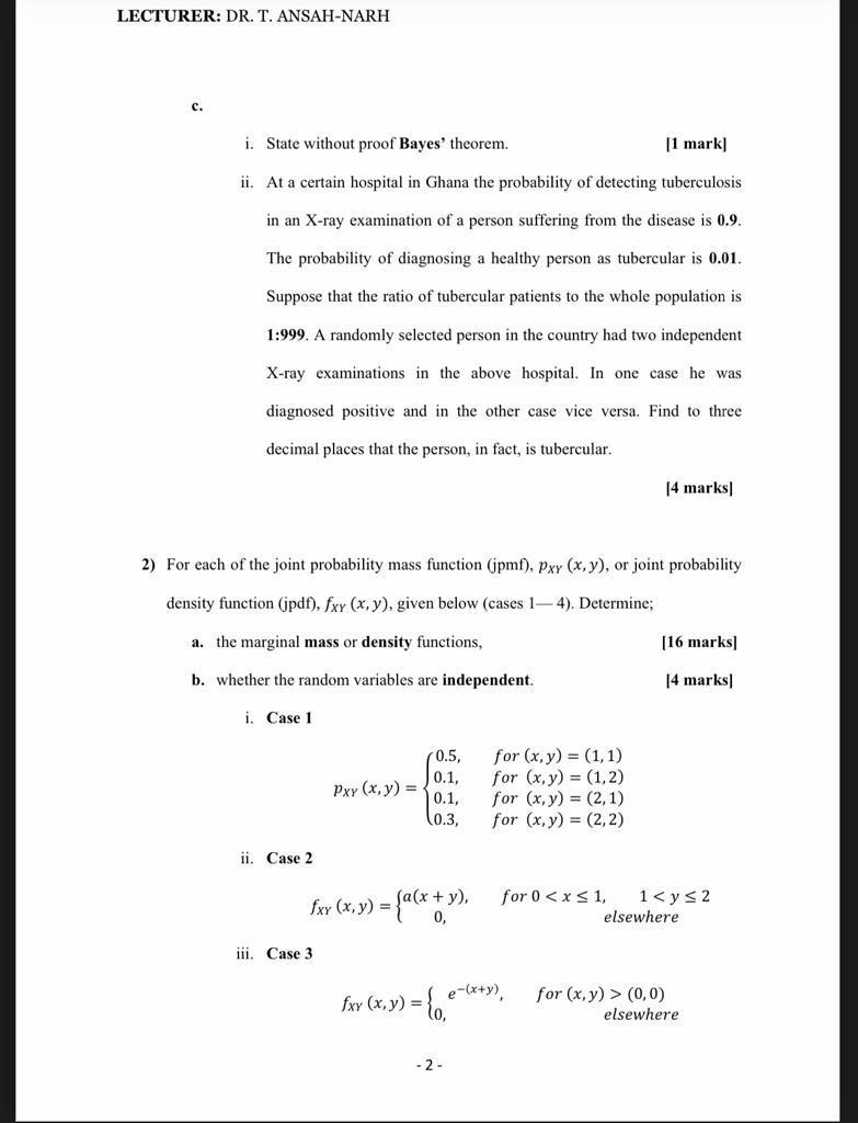 i. State without proof Bayes' theorem. [1 mark] ii. | Chegg.com