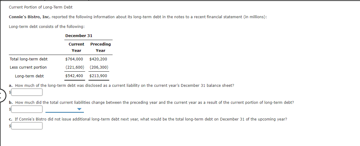 Solved Current Portion of Long-Term Debt Connie's Bistro, | Chegg.com