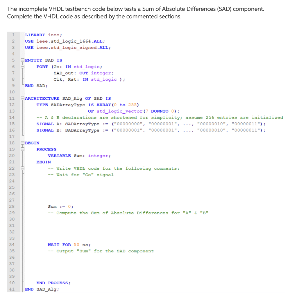 The incomplete VHDL testbench code below tests a Sum | Chegg.com