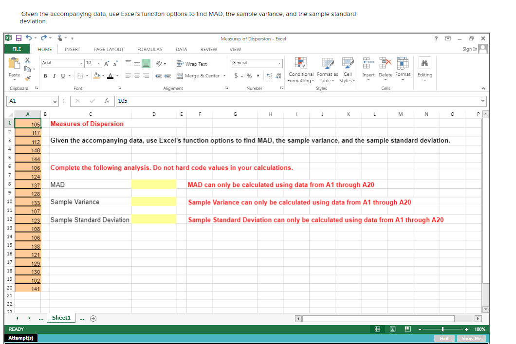 Solved Given The Accompanying Data, Use Excel's Function | Chegg.com