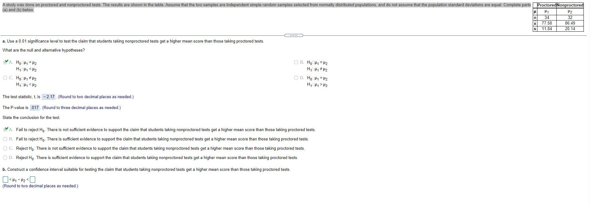 Solved A study was done on proctored and nonproctored tests. | Chegg.com