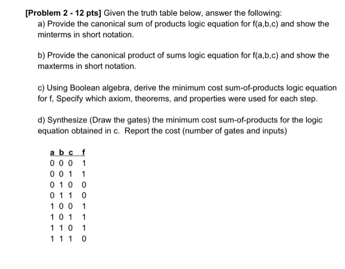 Solved [Problem 2 12 pts] Given the truth table below,