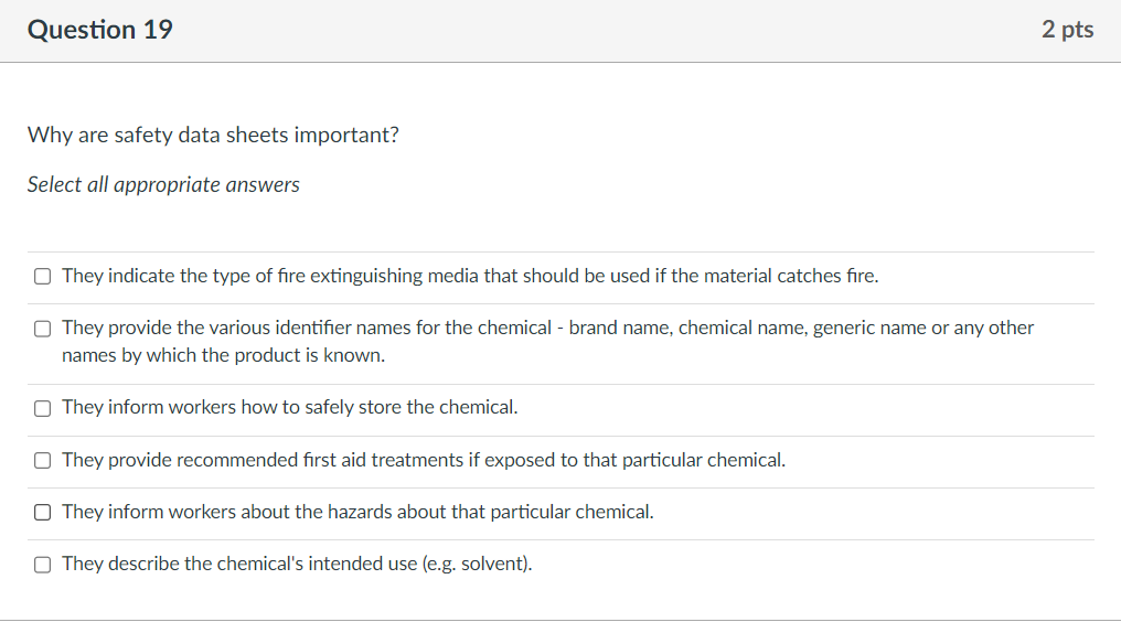 Solved Why are safety data sheets important? Select all