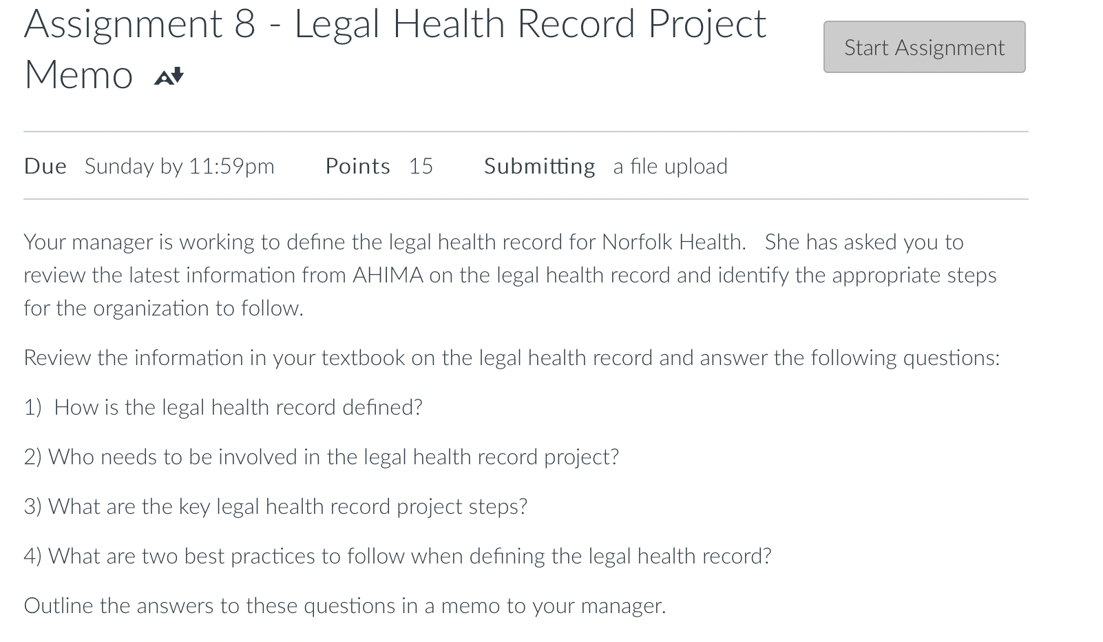 Solved Assignment 8 Legal Health Record Project Memo at