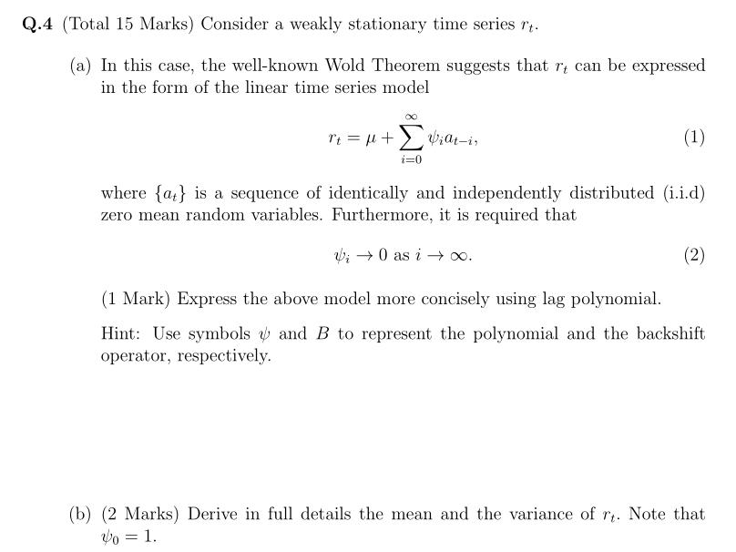 Q 4 Total 15 Marks Consider A Weakly Stationary Chegg Com