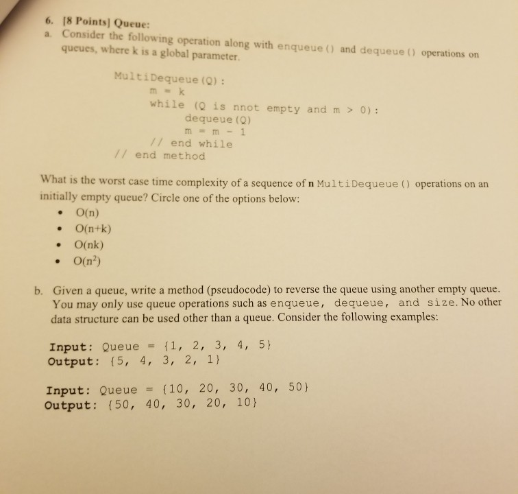 Solved 6. 18 Points) Queue: a. Consider the following | Chegg.com