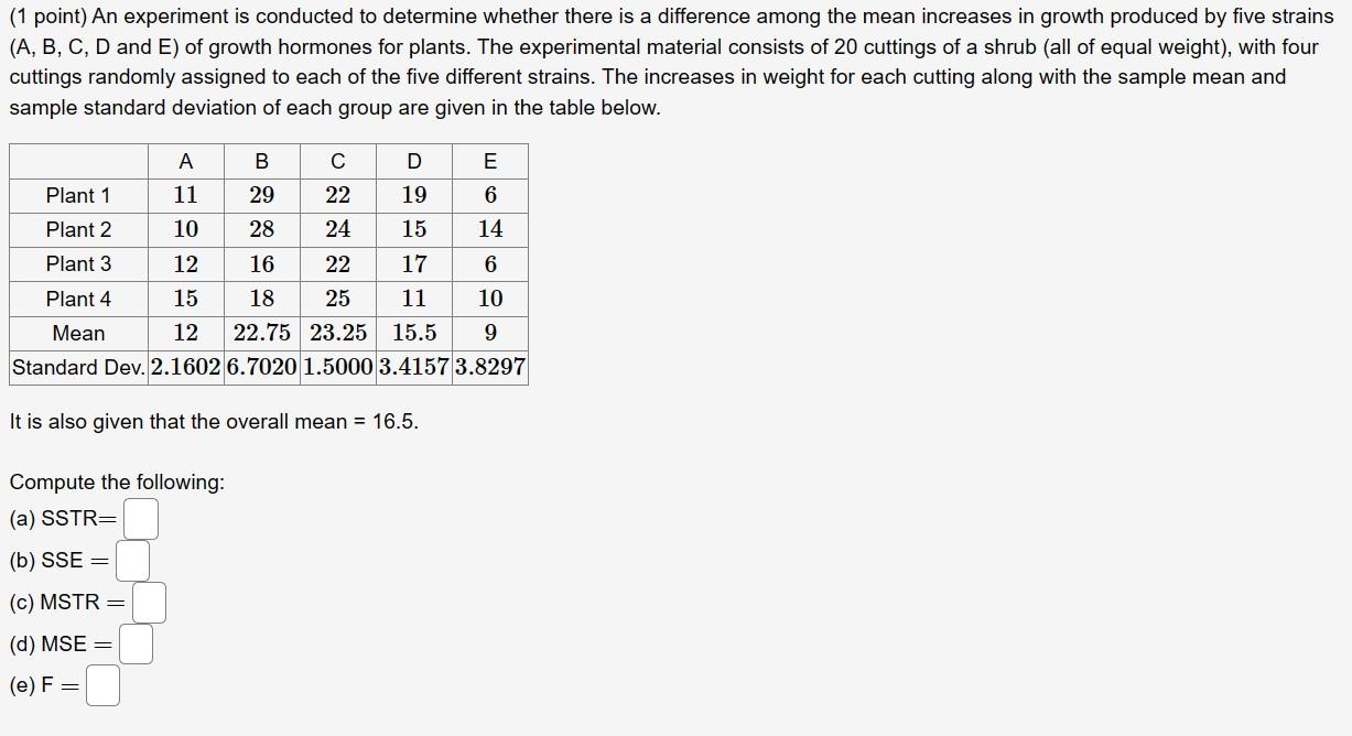 Solved ( 1 point) An experiment is conducted to determine | Chegg.com