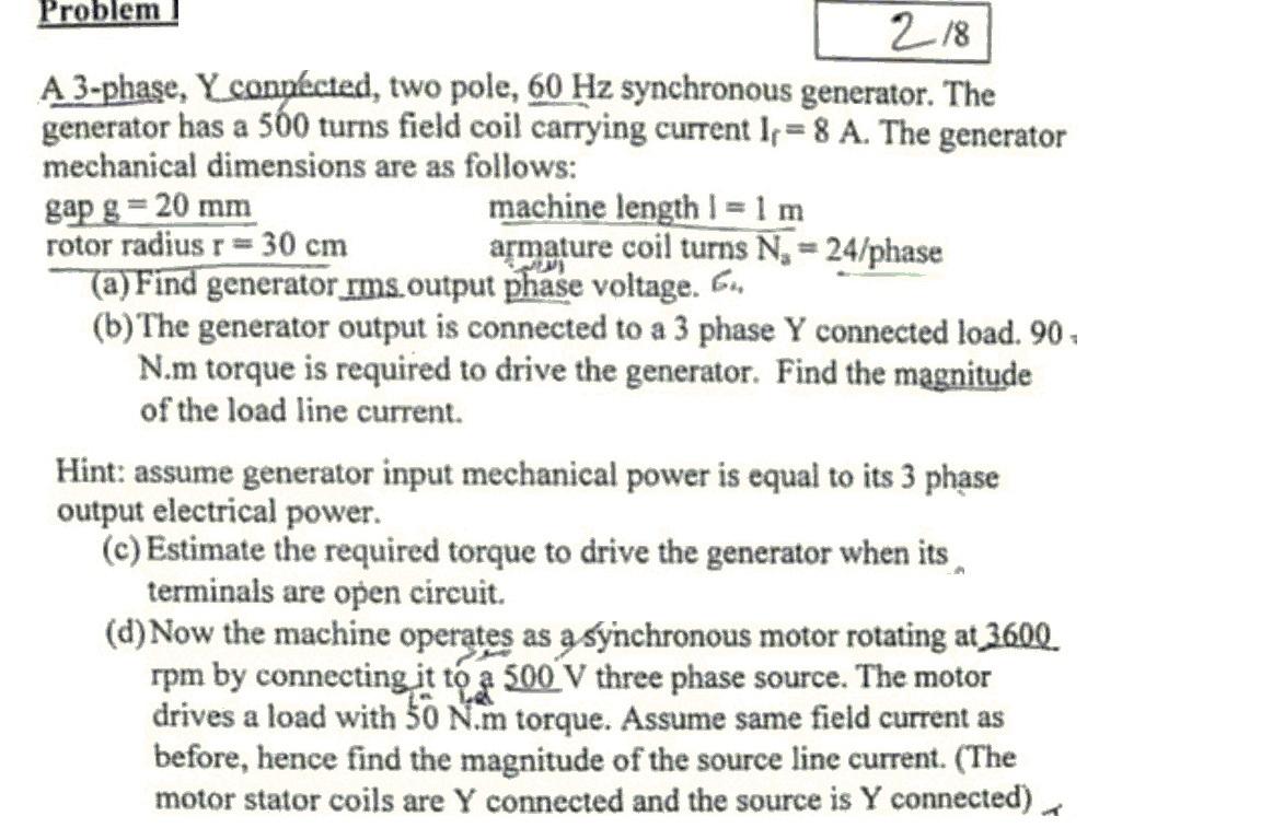 Solved القران Problem 218 A 3-phase. Y connected, two pole, | Chegg.com