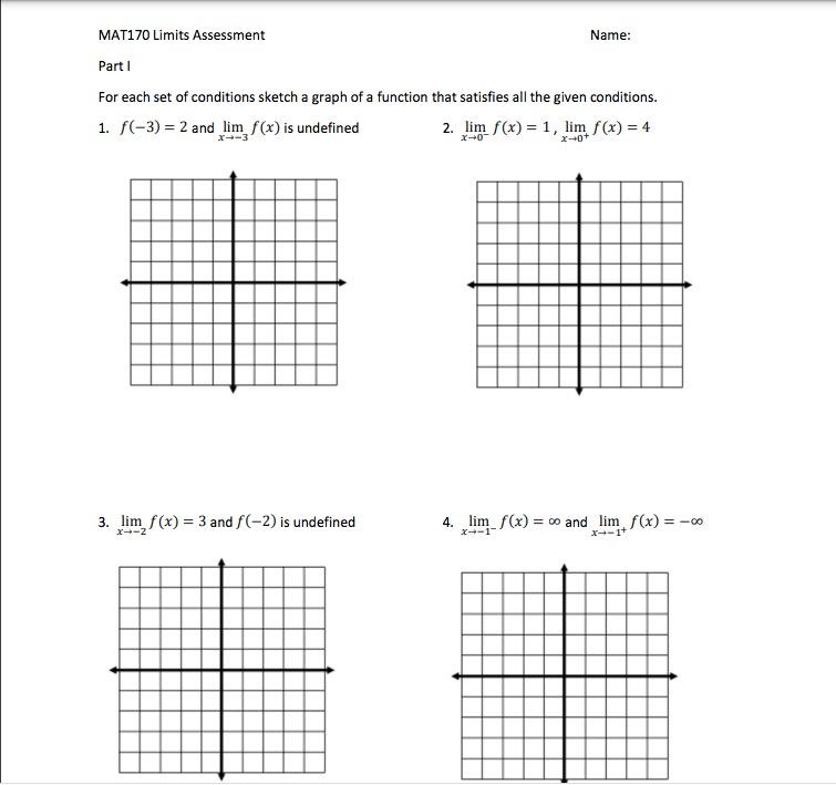 For each set of conditions sketch a graph of a function that satisfies all the given conditions.
1. \( f(-3)=2 \) and \( \lim