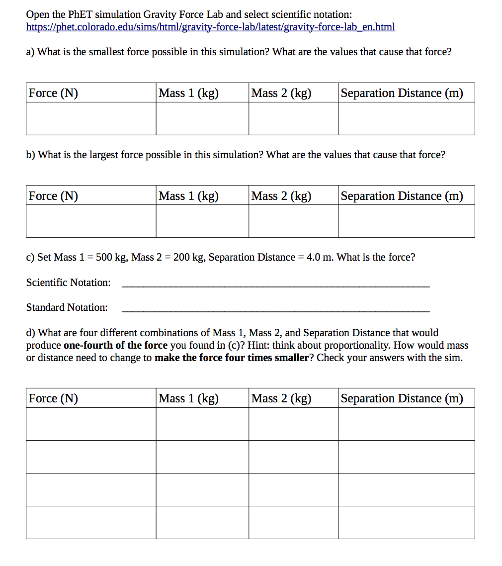 Solved Open the PhET simulation Gravity Force Lab and select