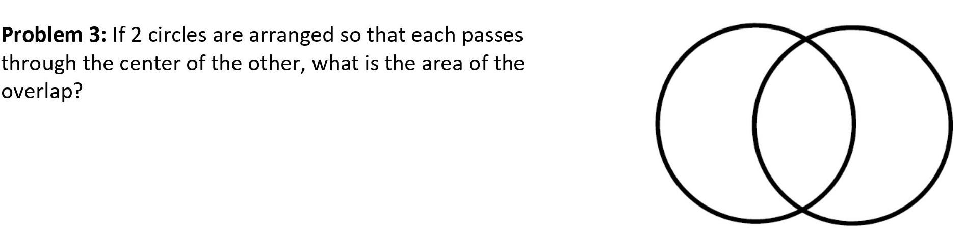 Problem 3: If 2 circles are arranged so that each passes through the center of the other, what is the area of the overlap?