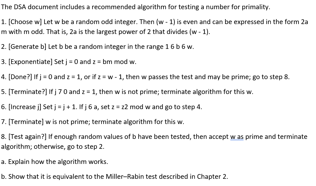 The Dsa Document Includes A Recommended Algorithm For Chegg Com