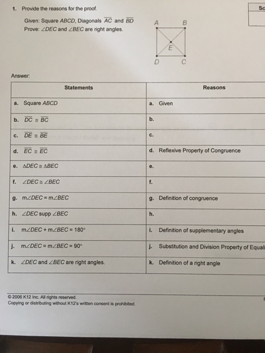 Solved 1. Provide the reasons for the proof Sc Given: Square | Chegg.com