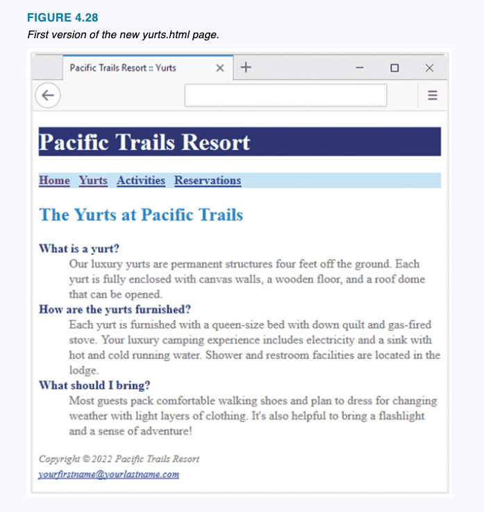 FIGURE 4.28
First version of the new yurts.html page.
Pacific Trails Resort
Home Yurts Activities Reservations
The Yurts at P