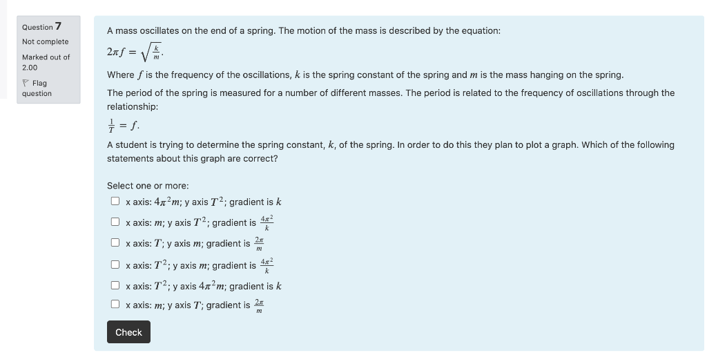 Solved Question 7 Not complete A mass oscillates on the end | Chegg.com