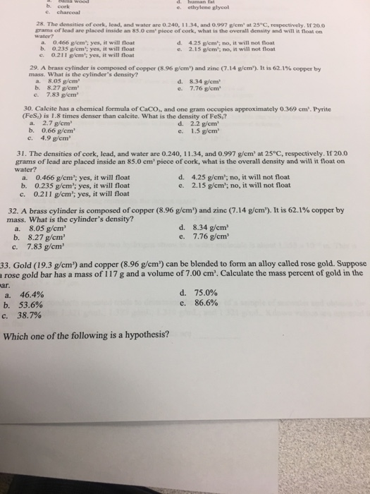 Solved b. cork e. ethylene glycol 28. The densities of cork,