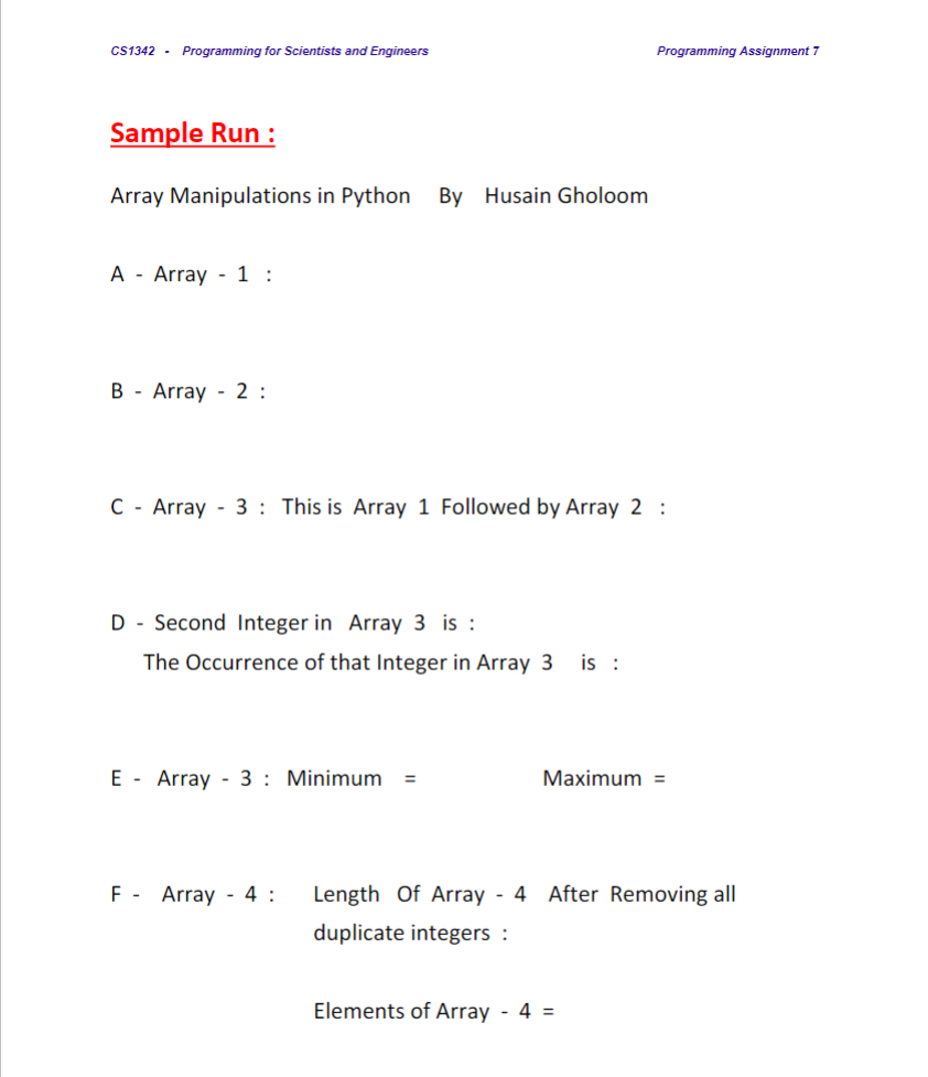 Solved Sample Run : Array Manipulations in Python By Husain | Chegg.com