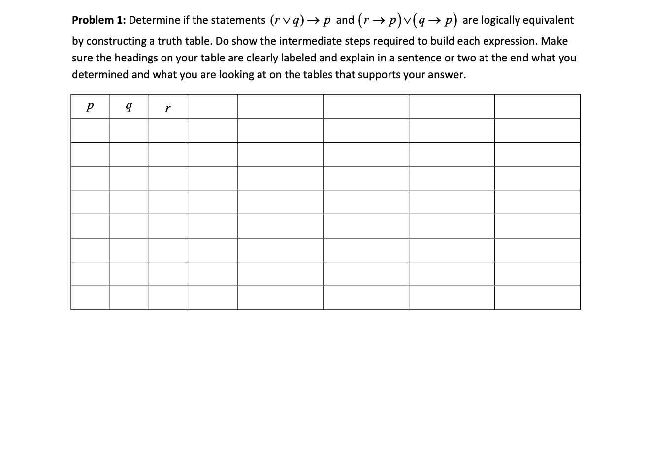 Solved Problem 1: Determine if the statements (rvq) → p and | Chegg.com