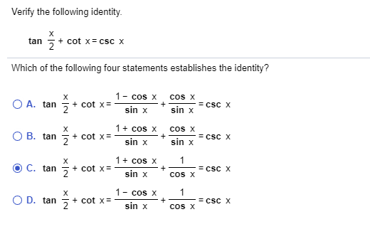 Solved Verify the following identity. х tan ż + cotx=csc | Chegg.com