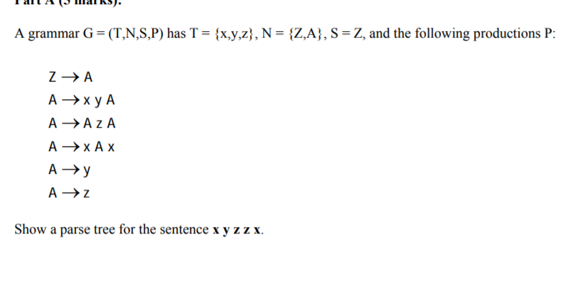 Solved Humal Ks Grammar G T N S P T X Y Z N Z S Z Following Productions P Z Xy Xax Y Az Show Par Q