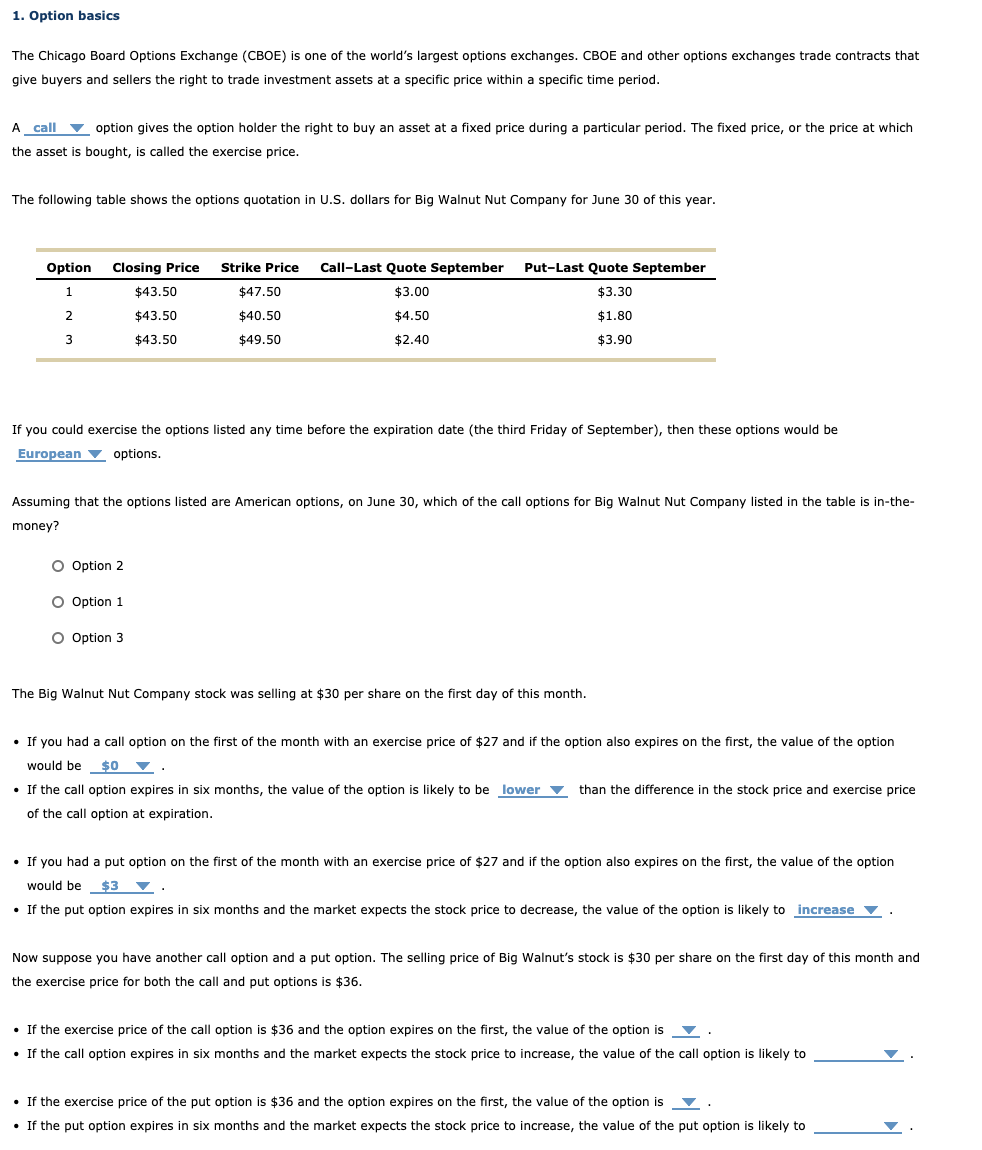 Solved 1. Option basics The Chicago Board Options Exchange | Chegg.com