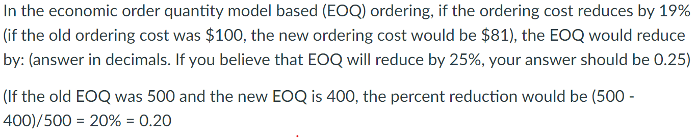 Solved In the economic order quantity model based (EOQ) | Chegg.com
