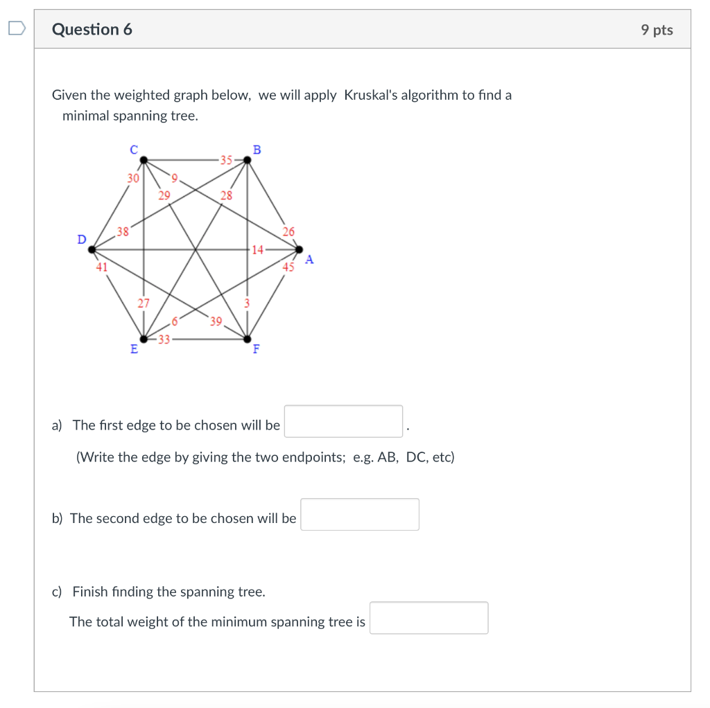 Solved D Question 6 9 pts Given the weighted graph below, we | Chegg.com