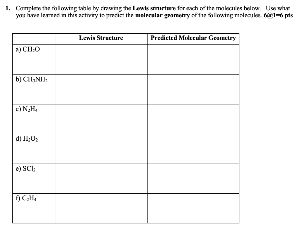 Solved 1. Complete the following table by drawing the Lewis | Chegg.com