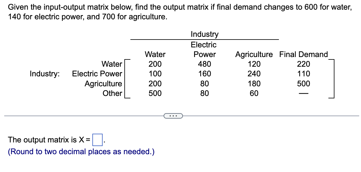 Solved Given the input-output matrix below, find the output | Chegg.com